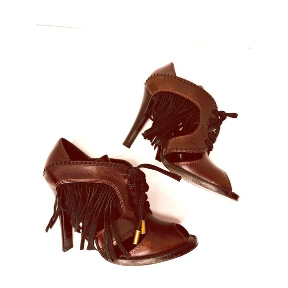 Louis Vuitton Dakota Heels Size 37 Burgundy Bordeaux Leather Fringe Peep Toe - Picture 9 of 14